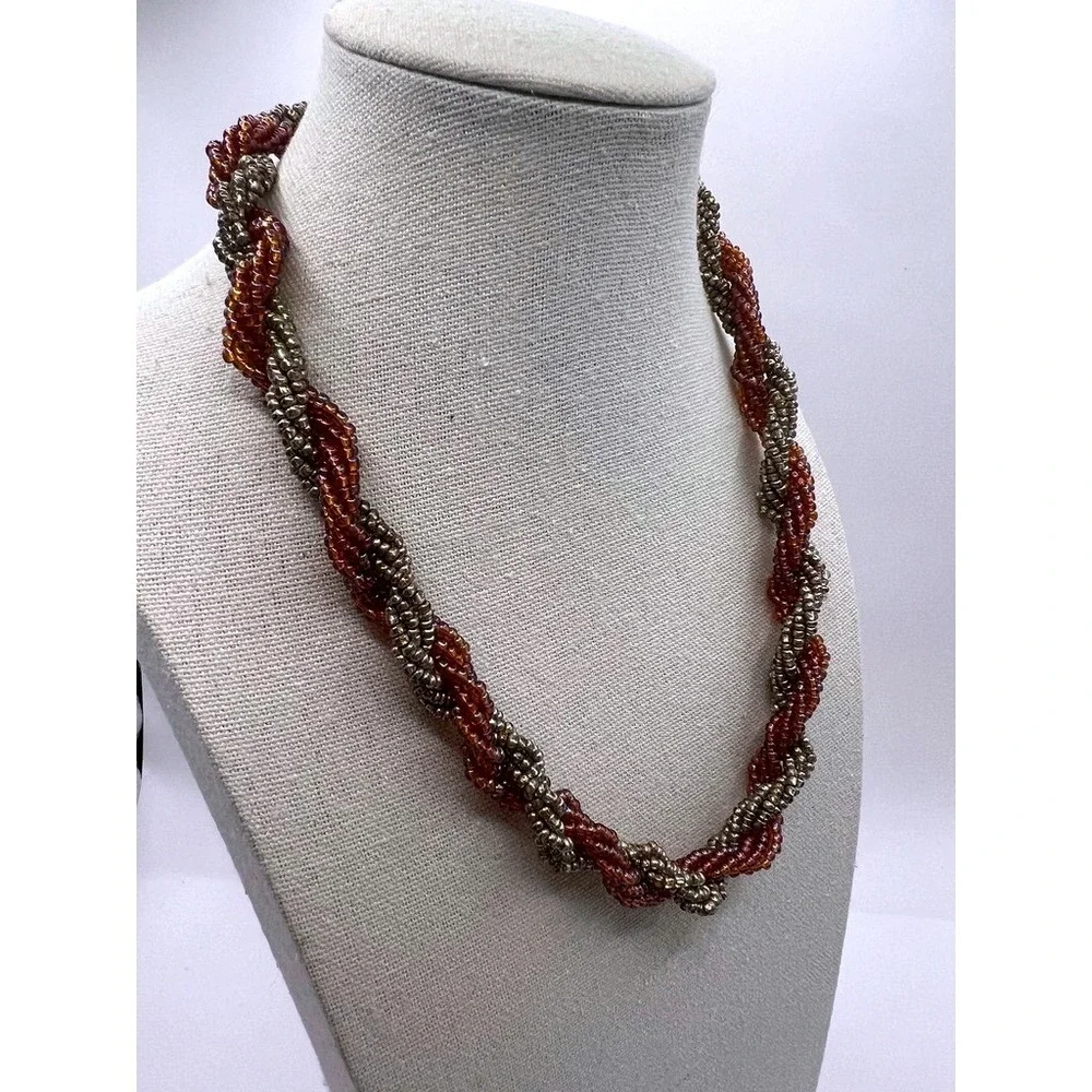 Vintage Necklace Twisted Glass Seed Bead Amber Iridescent Multi Strand Statement